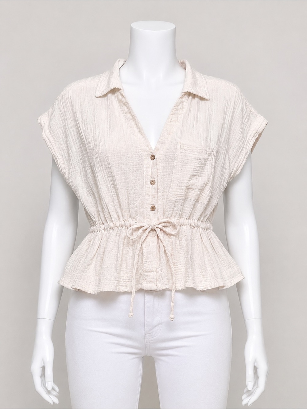 Women's Cream Button-Front Drawstring Peplum Blouse